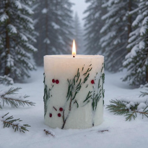 Large white inclusion pillar candle with balsam fir sprigs and red berries, burning on a clear glass tray in a snowy forest scene Large white inclusion pillar candle with balsam fir sprigs and red berries, burning on a clear glass tray in a snowy forest scene