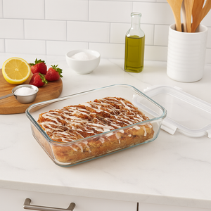 A rectangular glass baker filled with iced cinnamon rolls, a lemon, strawberries, and a bottle of olive oil on a white countertop. The baker has a clear lid nearby. A rectangular glass baker filled with iced cinnamon rolls, a lemon, strawberries, and a bottle of olive oil on a white countertop. The baker has a clear lid nearby.