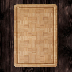 A rectangular bamboo end grain cutting board with a perimeter well, showcasing its distinctive block pattern, placed on a dark wooden surface. A rectangular bamboo end grain cutting board with a perimeter well, showcasing its distinctive block pattern, placed on a dark wooden surface.