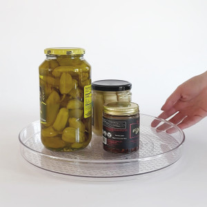 Hand spinning clear lazy susan organizer with pickle jars; non-slip base