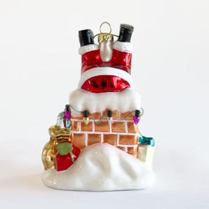 Santa Down The Chimney Glass Ornament