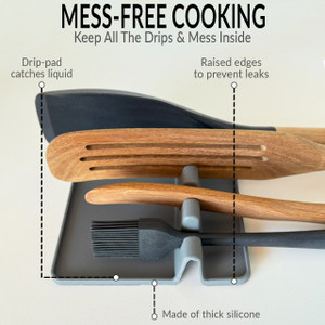 Gray silicone multi-tool rest with raised edges and four slots holding wooden utensils and a silicone basting brush, labeled “Mess-Free Cooking” Gray silicone multi-tool rest with raised edges and four slots holding wooden utensils and a silicone basting brush, labeled “Mess-Free Cooking”