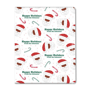 A flat swatch of the custom holiday wrapping paper, clearly showing the pattern of diverse Santa heads, candy canes, and the personalized "Happy Holidays, From the Johnsons" greeting. A flat swatch of the custom holiday wrapping paper, clearly showing the pattern of diverse Santa heads, candy canes, and the personalized "Happy Holidays, From the Johnsons" greeting.
