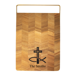 Acacia Chevron Board & Gold Handle - Engraved Fish & Cross