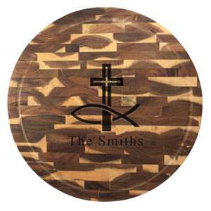 Acacia Round End Grain Board - Engraved Fish & Cross
