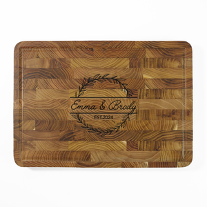 Teak End Grain Rectangular Board- Engraved Wreath Banner - NEW