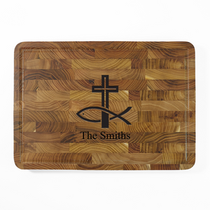 Teak End Grain Rectangular Board-Engraved Fish & Cross- NEW