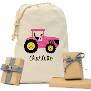 Pink Tractor Natural Drawstring Gift Sack