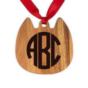 Cat Head Acacia Ornament - Engraved Circle Monogram