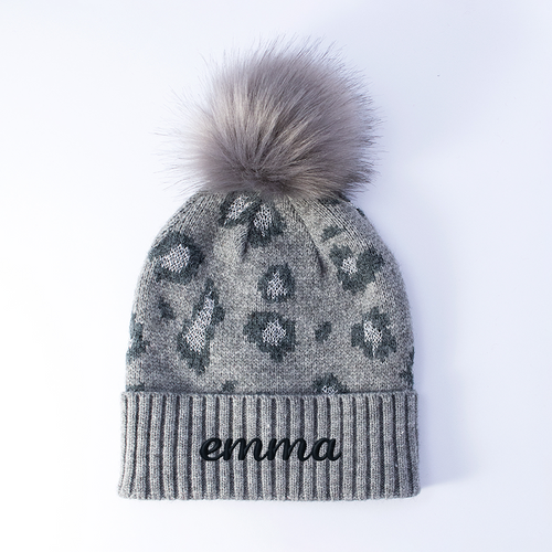 Gray Leopard Pom Beanie - Embroidered