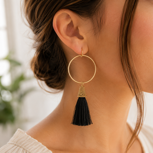 Ring & Tassel Earrings - Black