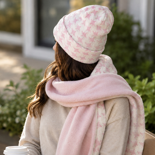 Beanie & Scarf Set - Pink Houndstooth