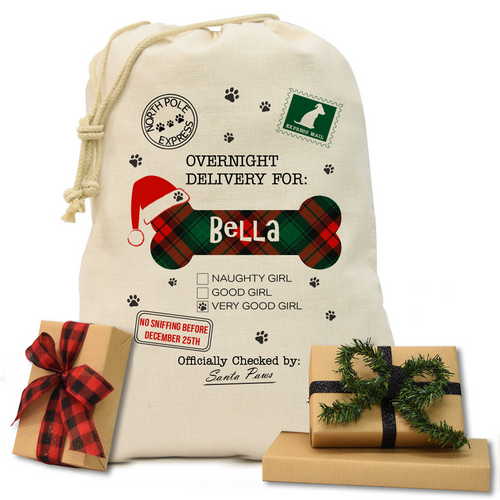 Plaid Bone Natural Drawstring Gift Sack