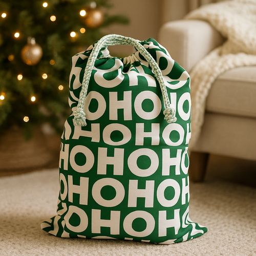 Green “HO HO HO” drawstring gift sack styled next to a Christmas tree in a cozy living room