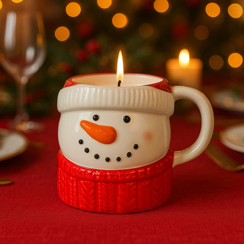A charming, hand-painted ceramic mug shaped like a snowman wearing a red sweater is filled with a lit soy candle, creating a warm glow as a centerpiece on a festive red holiday dinner table with sparkling lights in the background.