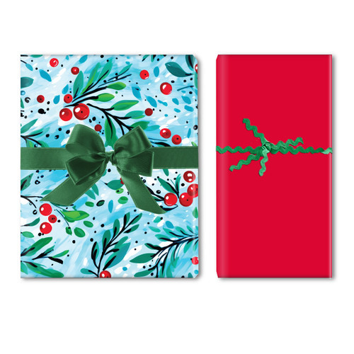 Swirling Holly & Metallic Red Roll Wrap