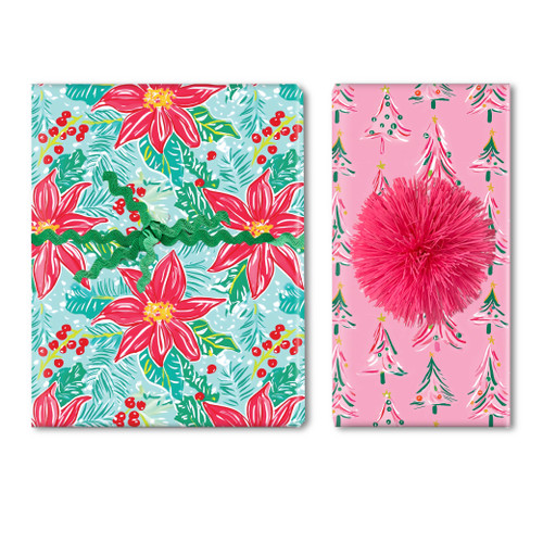 Poinsettias & Pink Trees Roll Wrap