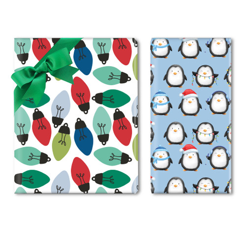 Festive Penguins & Lights Roll Wrap