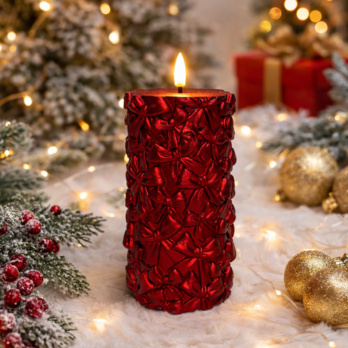 Ruby Bows Flameless Pillar Candle