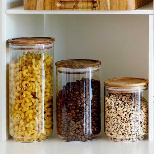 Glass & Acacia Canister Trio