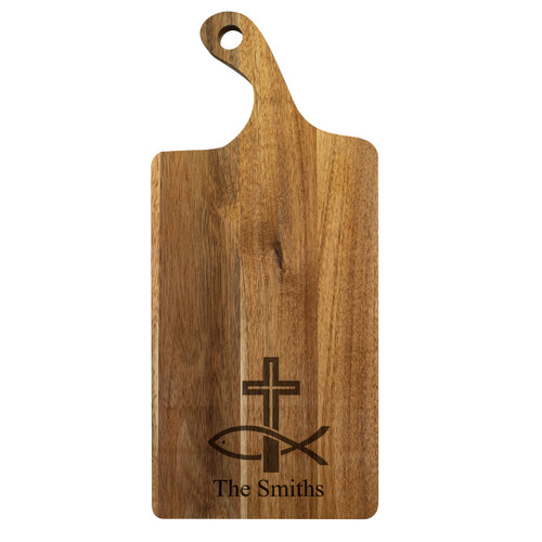 Hook Handle Acacia Paddle Board- Engraved Fish & Cross