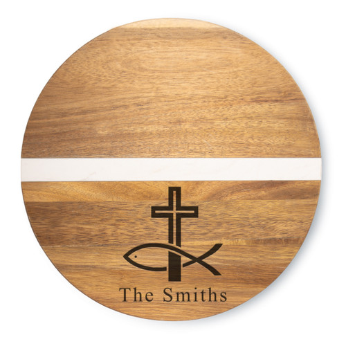 Acacia & Stone Reversible Round Board- Engraved Fish & Cross