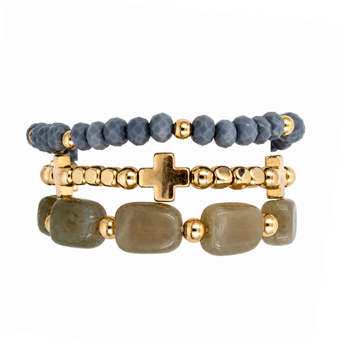 Gold Cross & Beads Stretch Bracelets - Sage/Blue