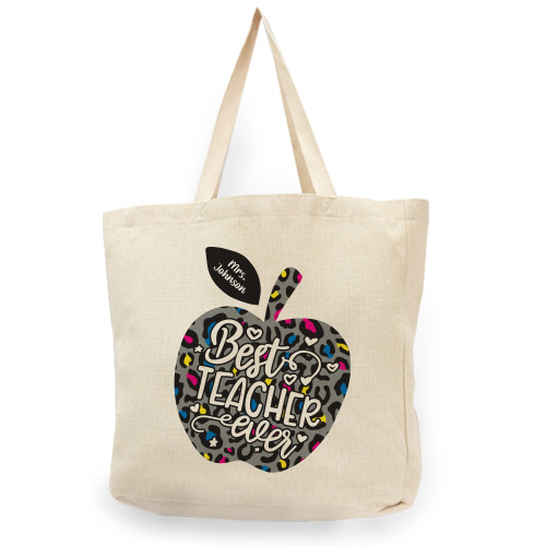 Neon Leopard Best Teacher Natural Shopper Tote