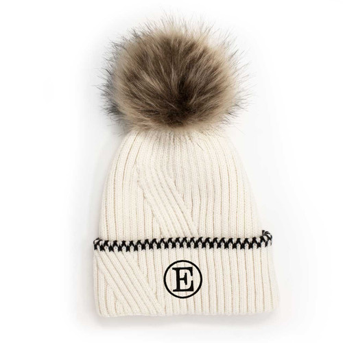 Ivory Sweater Pom Beanie - Embroidered