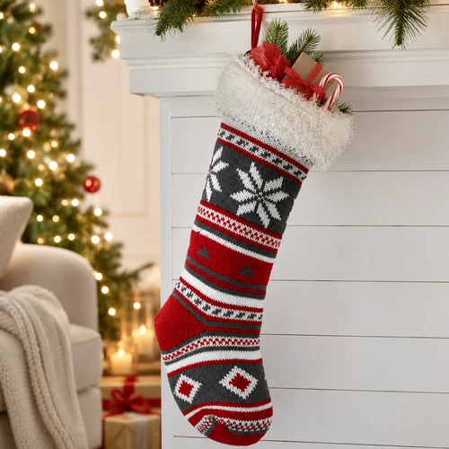 Snowflake Knit Stocking - Red/Grey