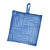 Blue reusable tote folded into its attached pouch with a hanging loop
