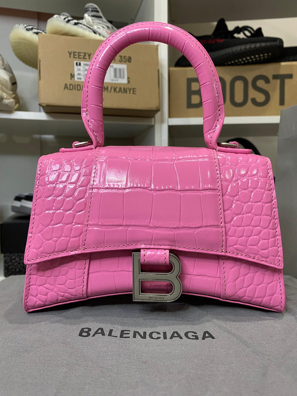 Womens Hourglass Xs Handbag Crocodile Embossed in Pink  Balenciaga US