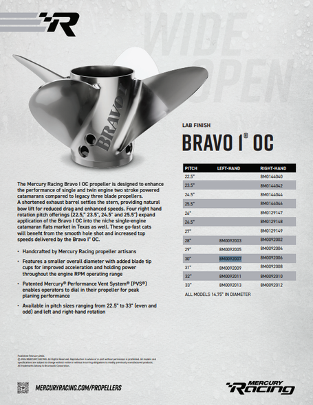 Mercury Racing Bravo I OC Propeller 14.75 x 30 LH Lab Finish 8M0092007