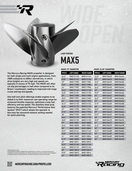 Mercury Racing MAX5 15.25 x 30.5P LH 5-Blade Propeller 8M0156475