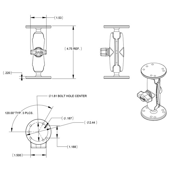 RAM Mount 1" Ball Double Socket Arm w\/2 2.5" Round Bases - AMPS Hole Pattern [RAM-B-101U]