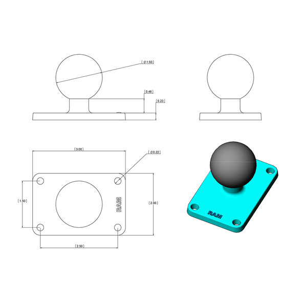 RAM Mount 2" x 3" Rectangle Base w\/1.5" Ball [RAM-202U-23]