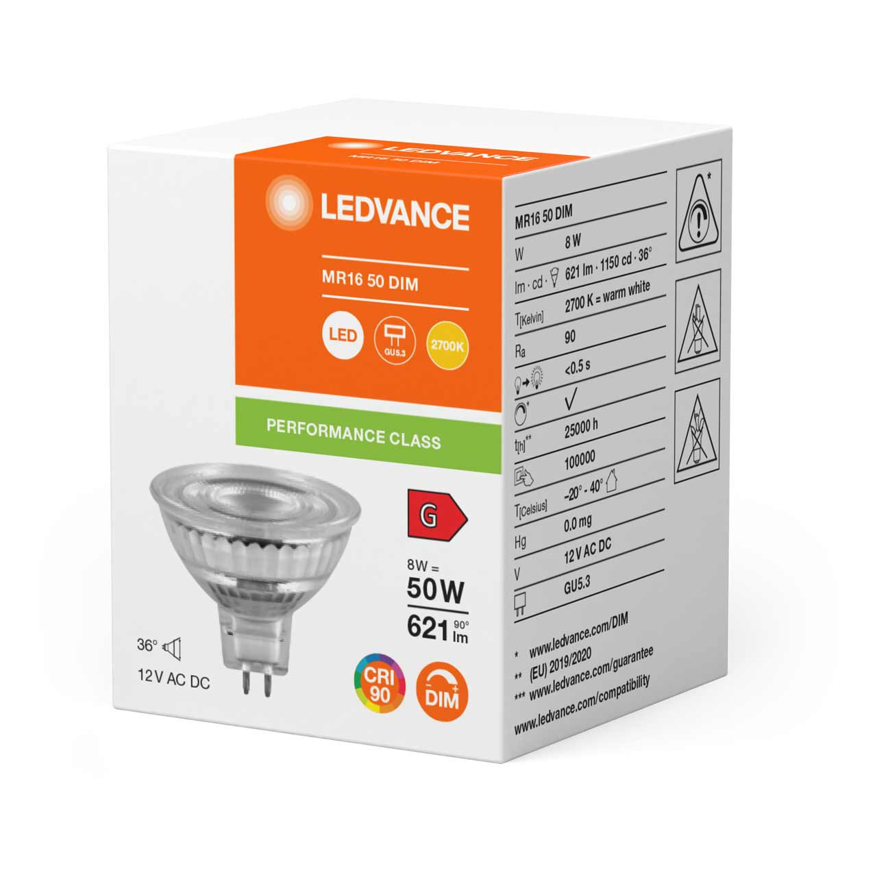Ledvance LED MR16 Bulbs 5W GU5.3 12V Dimmable Performance Class (5 Pack)  Warm White 36°