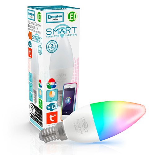 Crompton Lamps Dimmable LED Smart Wifi Candle 5W E14 Warm White + RGB Opal Crompton Lamps Dimmable LED Smart Wifi Candle 5W E14 Warm White + RGB Opal