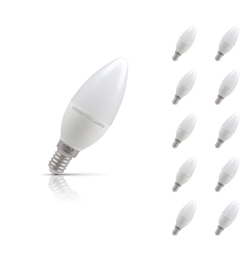 Crompton Lamps Dimmable LED Candle 5W E14 (10 Pack) Warm White Opal (40W Eqv) Image 1 Crompton Lamps Dimmable LED Candle 5W E14 (10 Pack) Warm White Opal (40W Eqv) Image 1