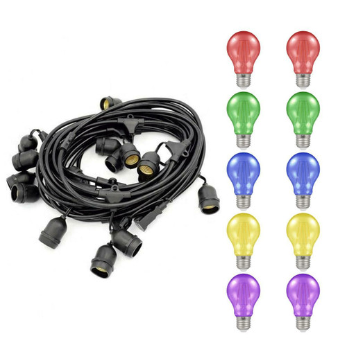 Premium 5m Connectible Outdoor Festoon Light E27 with 10x LED GLS Light Bulbs Multi-Coloured Premium 5m Connectible Outdoor Festoon Light E27 with 10x LED GLS Light Bulbs Multi-Coloured