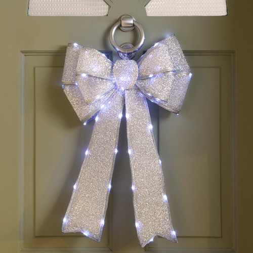 Festive Silver Battery Operated Christmas Door Bow with 84 Warm White LEDs 3