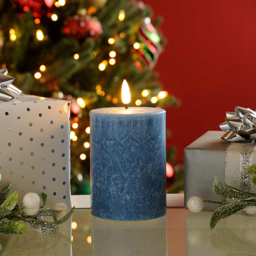 Festive 10cm Battery Operated Wax Firefly Pillar Candle With Timer Blue