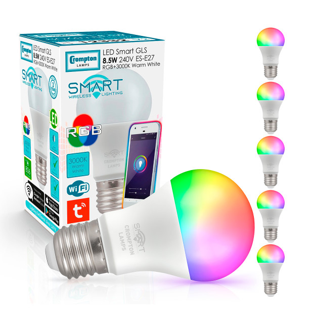 Crompton Lamps Dimmable LED Smart Wifi GLS 8.5W E27 Warm White + RGB Opal