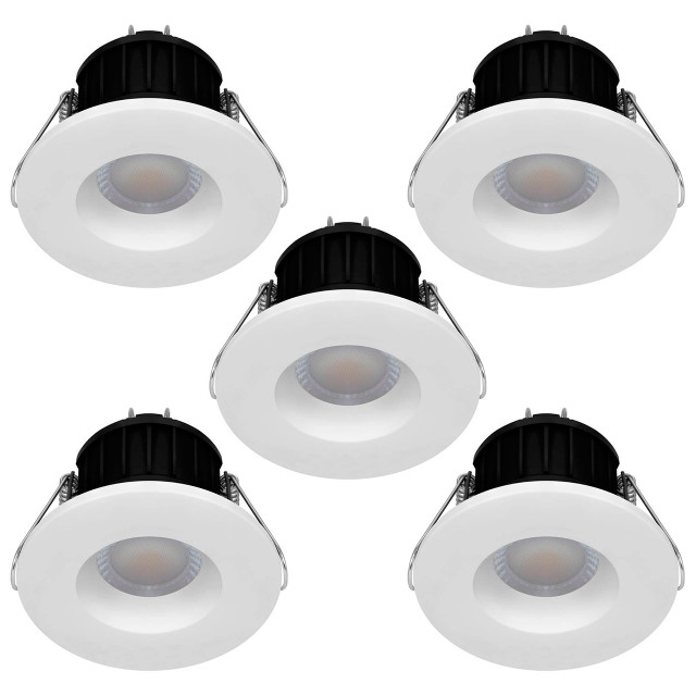 Phoebe Dim LED Fire Rated Downlight 8.5W Firesafe Tri-Colour CCT 60° White and Brushed Nickel IP65 Image 5-pack 1