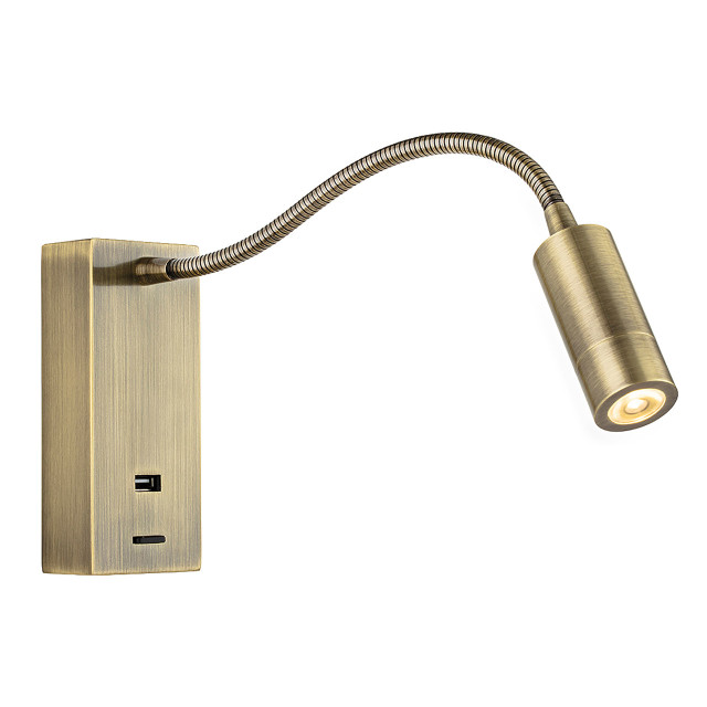 Firstlight Clifton LED Flexi Wall Spotlight 3W with USB Port and On/Off Switch in Antique Brass 1