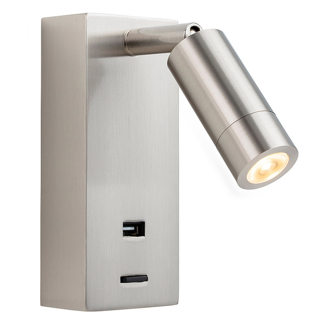 Firstlight Clifton LED Wall Spotlight 3W with USB Port and On/Off Switch Warm White Brushed Steel 1