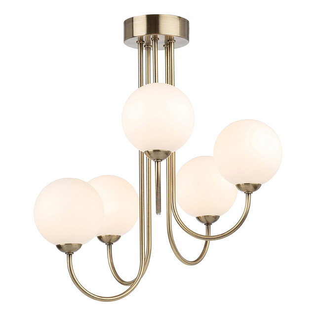 Firstlight Lyndon Art Deco Style 5-Light Semi-Flush Ceiling Light in Antique Brass and Opal Glass 1