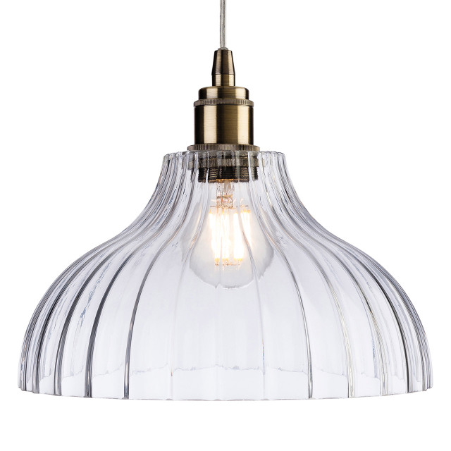 Firstlight Victory Ribbed-Effect Style 28cm Pendant Light in Antique Brass and Clear Ribbed Glass 1
