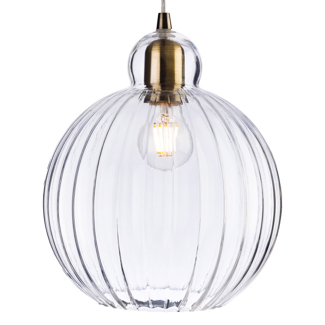 Firstlight Victory Ribbed-Effect Style 25cm Pendant Light in Antique Brass and Clear Ribbed Glass 1
