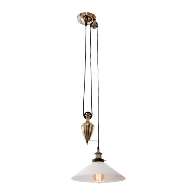 Firstlight Empire Industrial Style Rise and Fall Pendant Light in Antique Brass and Opal Glass 1